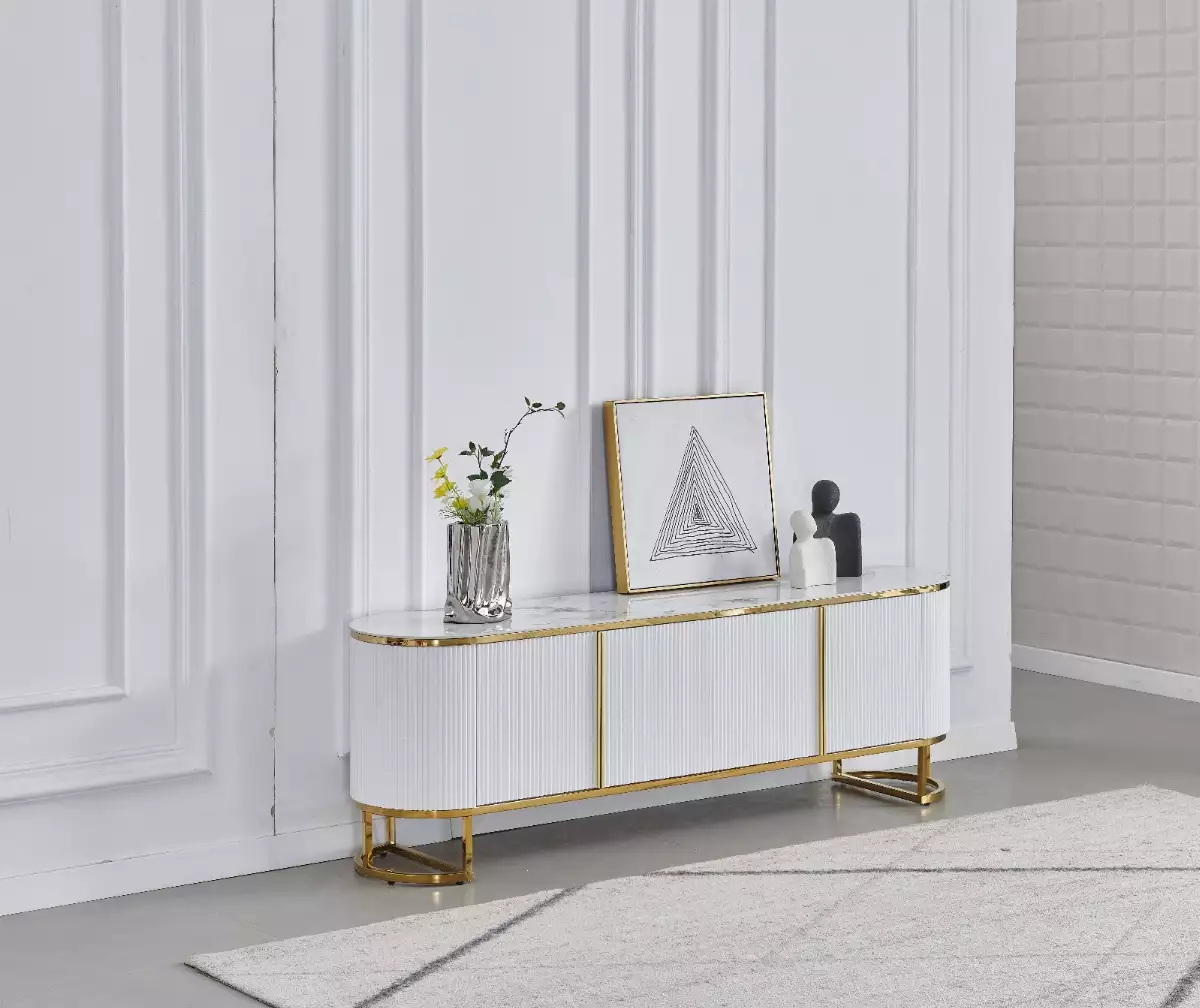 Meuble TV Esmée Doré Céramique Marbre Blanc Gris